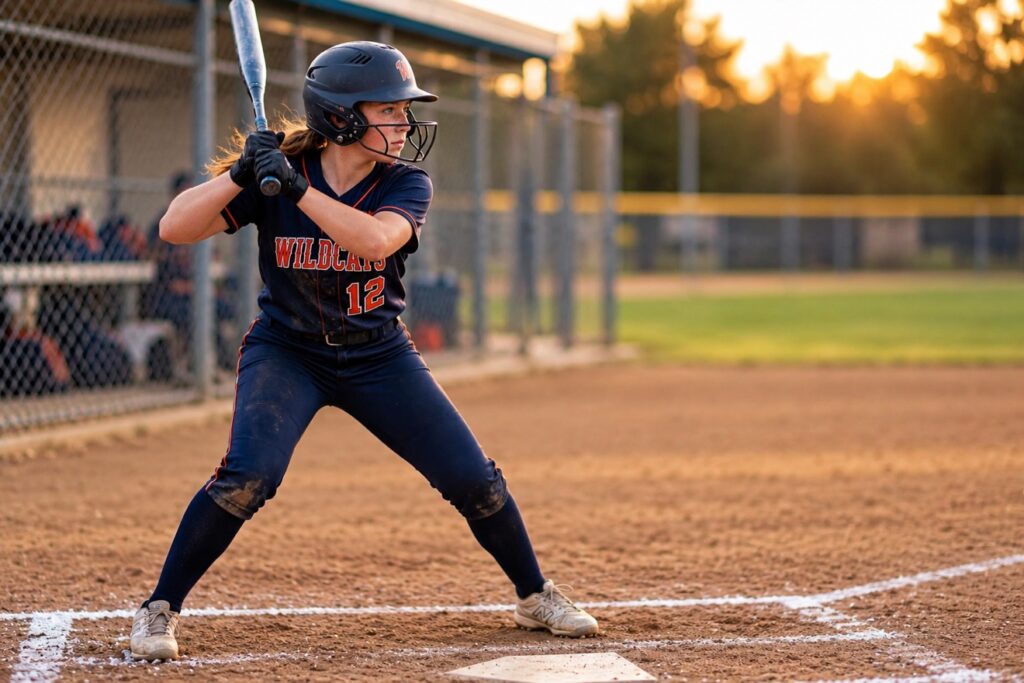A softball hitter in a Wildcats uniform swings in the batter's box at sunset