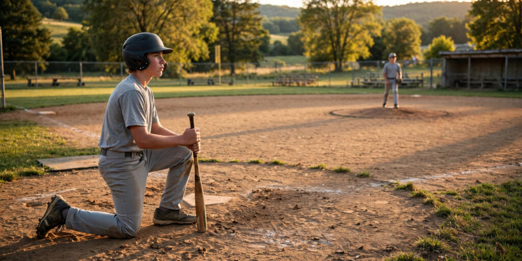 A hitter kneels with his bat near home plate and watches the pitcher on the mound