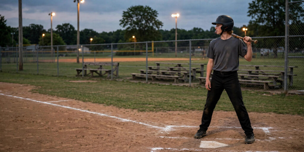 A hitter stands in the batter's box at dusk with his bat on his shoulder